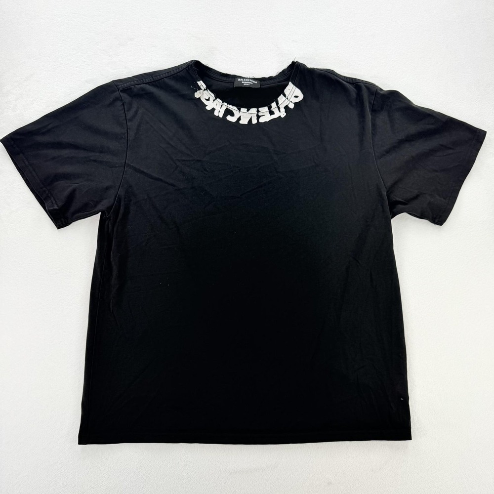 Balenciaga Shirt Mens 2XL Black Wardrobe Neck Logo Distressed Collar Tee